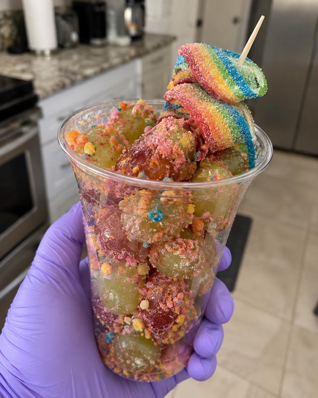 Cup of crunchy candy grapes topped with a rainbow sour belt
