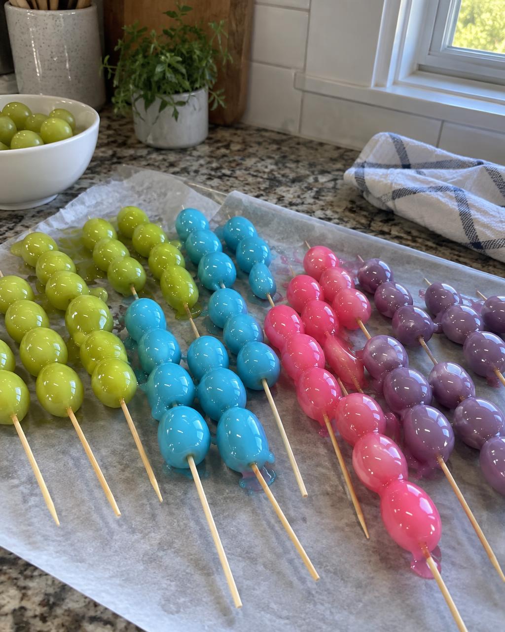 Colorful candy grapes up close